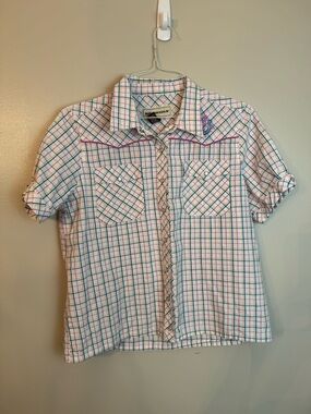 Bit & Bridle Plaid Short-Sleeve Button-Down Shirt with Pearl Snap Buttons Large